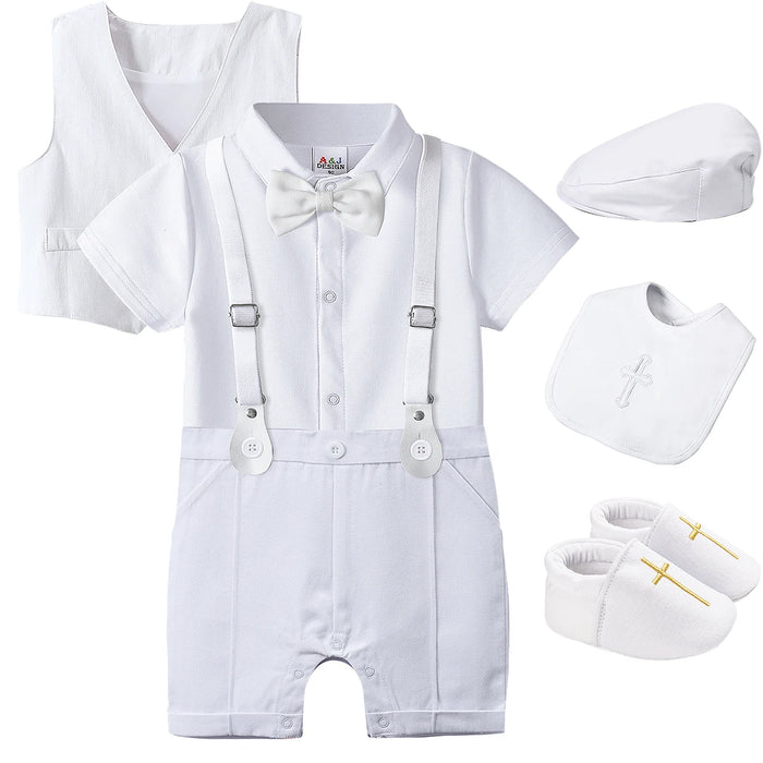 Baby Boys Battesimo Outfit Infantile Matrimonio Gentleman Set Battesimo Abito formale per festa di compleanno Reggicalze Papillon Pagliaccetto