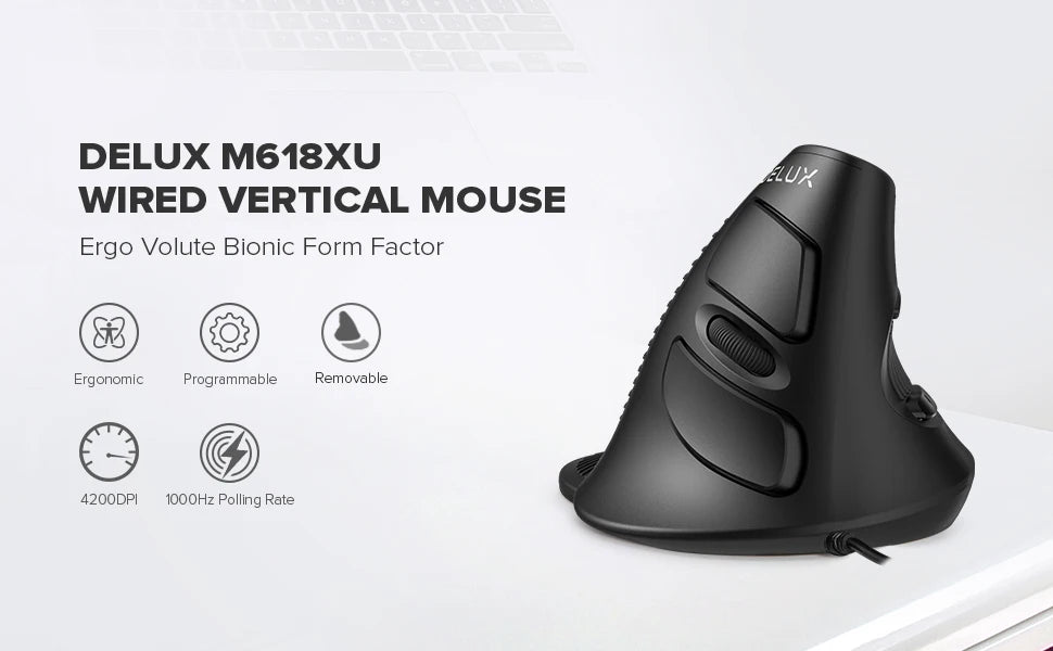 Delux M618XU Mouse da ufficio verticale ergonomico Silent Click 4000DPI Mouse destro con rimozione Palm Wrist per PC Laptop Computer