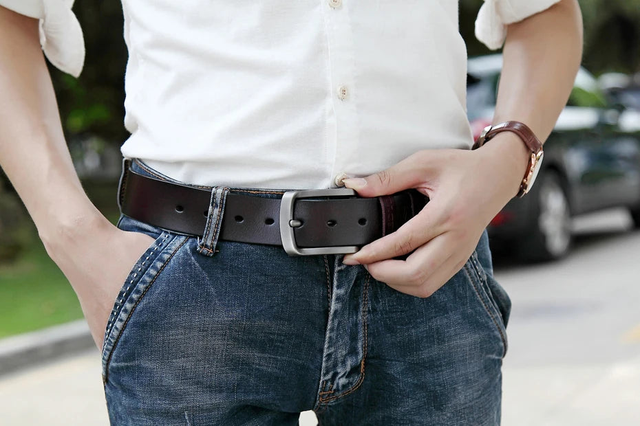 Cintura da uomo MEDYLA cinturino di lusso in vera pelle di alta qualità cintura classica Vintage in lega con fibbia ad ardiglione cintura da uomo Jeans cintura per uomo SM03