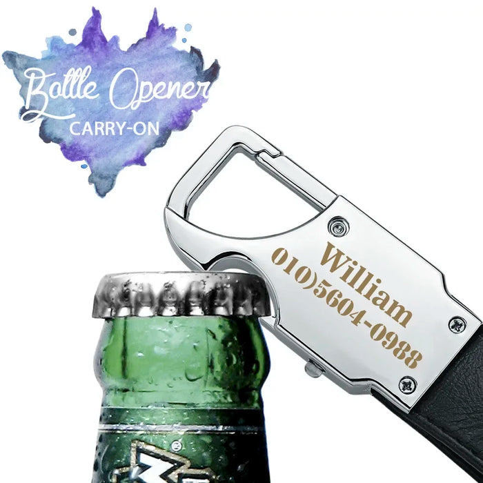Dalaful Portachiavi con scritte personalizzate Luci a LED Lampada Apribottiglie per birra Portachiavi per auto da uomo in pelle multifunzionale K355