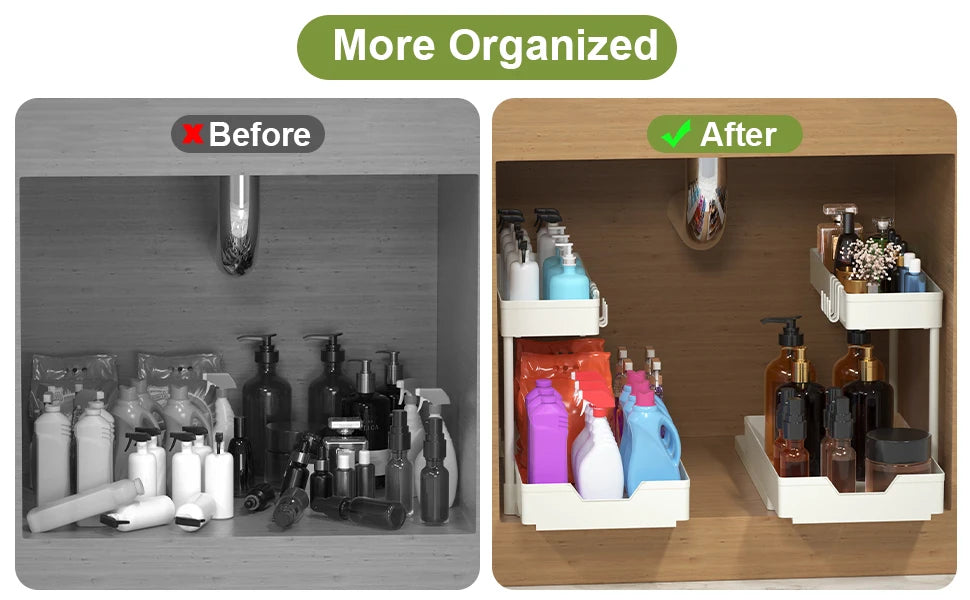 Organizzatori e contenitori sotto il lavandino, organizzazione del bagno della cucina a forma di L, contenitore scorrevole a 2 livelli sotto l'organizzatore dell'armadio del lavandino