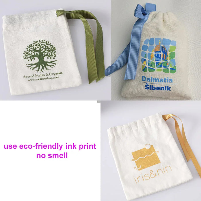 Piccoli sacchetti regalo in cotone bianco 5x7 cm 8x10 cm 9x12 cm Sacco bomboniera per caramelle per feste Borsa personalizzata con coulisse in mussola Custodia con logo per gioielli