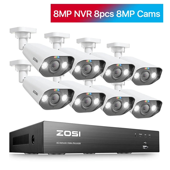 ZOSI 8CH POE Kit di videosorveglianza 4K 8MP 5MP Super HD Telecamere IP esterne AI Starlight Visione notturna Sistema di telecamere di sicurezza CCTV