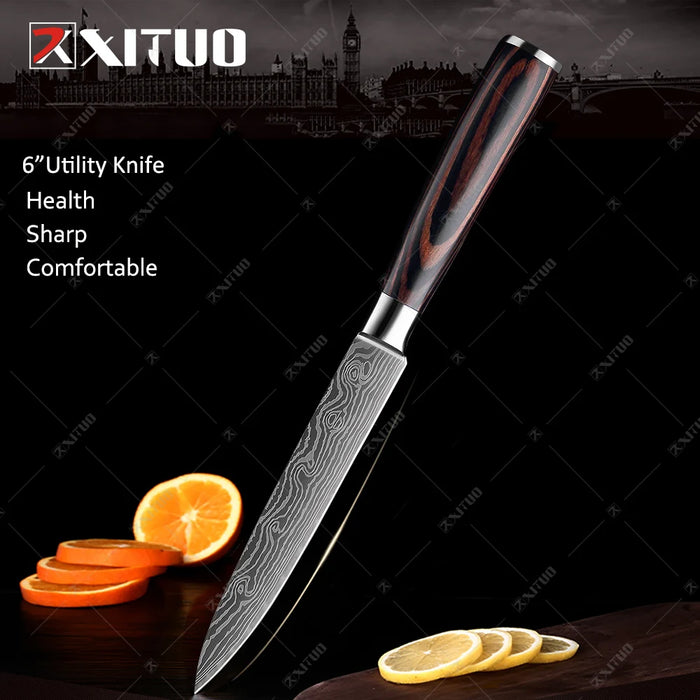 Set di coltelli da cucina premium Coltello da chef giapponese affilato Coltello Santoku con motivo damasco laser Mannaia da taglio molto veloce 1-10 pezzi