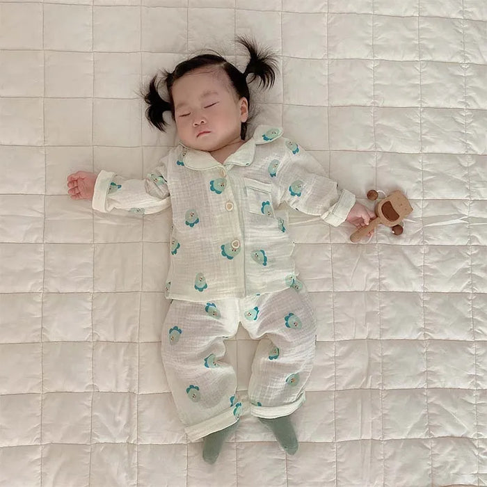 2 pezzi autunno nuovi pigiami per bambini coreano manica lunga stampa orso cardigan e pantaloni indumenti da notte in filato musline di cotone