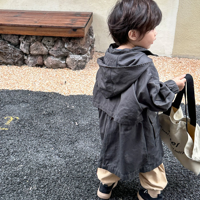 Cappotto a vento con cappuccio di media lunghezza in tinta unita per ragazzi e ragazze primaverili Trench casual con cerniera allentata per bambini