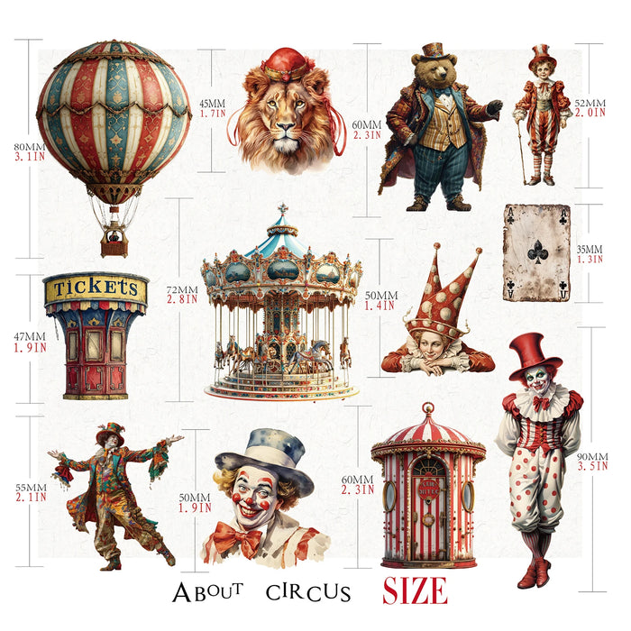 58pcs Retro Clown Stickers Collage Junk Journal Planner decorativo Circus Lion Stickers Album trasparente materiale Scrapbooking