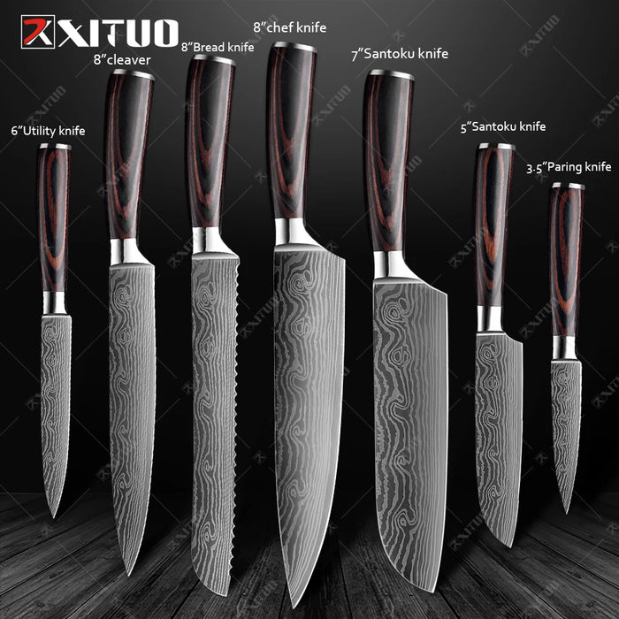 Set di coltelli da cucina premium Coltello da chef giapponese affilato Coltello Santoku con motivo damasco laser Mannaia da taglio molto veloce 1-10 pezzi
