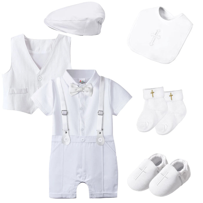 Baby Boys Battesimo Outfit Infantile Matrimonio Gentleman Set Battesimo Abito formale per festa di compleanno Reggicalze Papillon Pagliaccetto