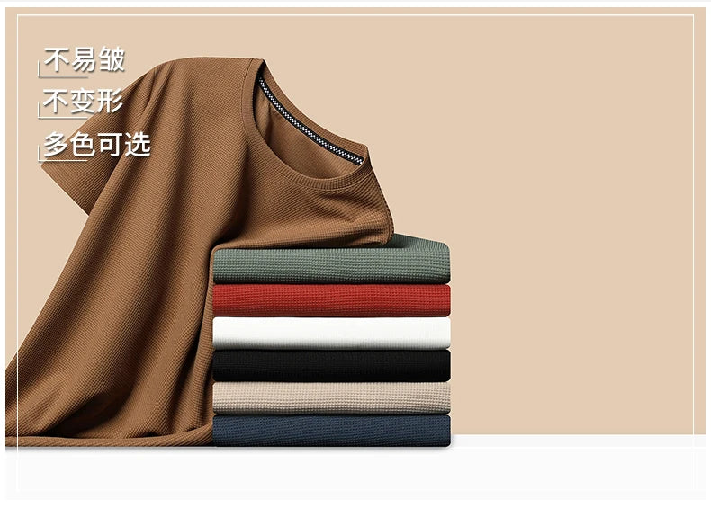 Nuova maglietta estiva a maniche corte con scollo tondo waffle per top a maniche corte da uomo