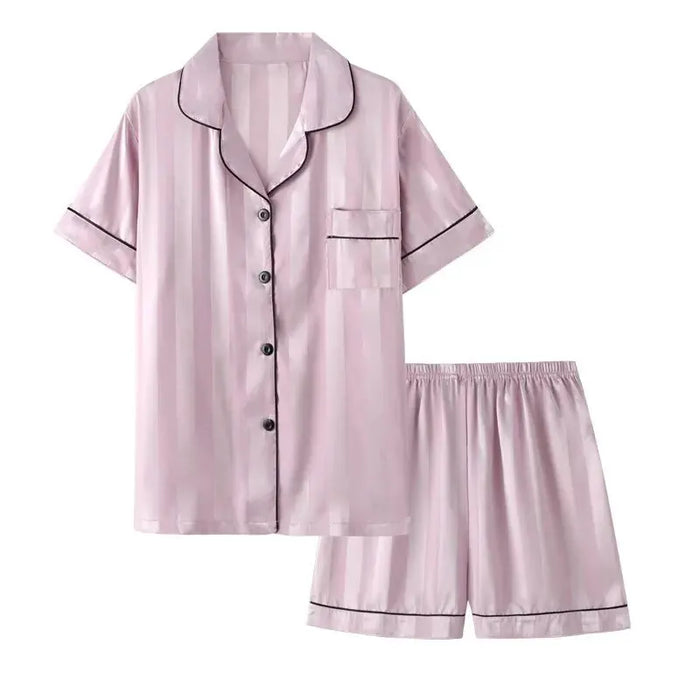 1 Set da salotto elegante da donna, pigiama a maniche lunghe con bottoni a righe in raso taglie forti