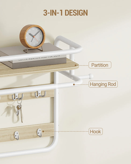 Appendiabiti da parete con ripiano, mensola da parete con 10 ganci rimovibili, 2 ganci di fissaggio laterali, 1 binario, per corridoio, camera da letto