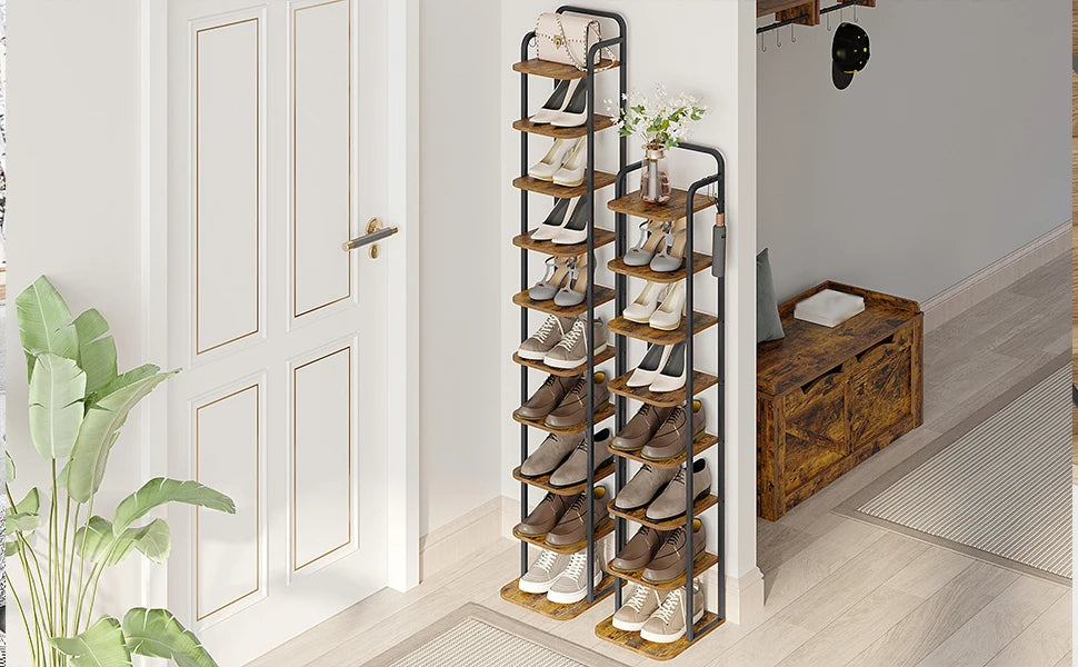 Scarpiera verticale, scarpiera a 10 livelli, scarpiera per piccoli spazi, indipendente, regolabile, salvaspazio, marrone e nero