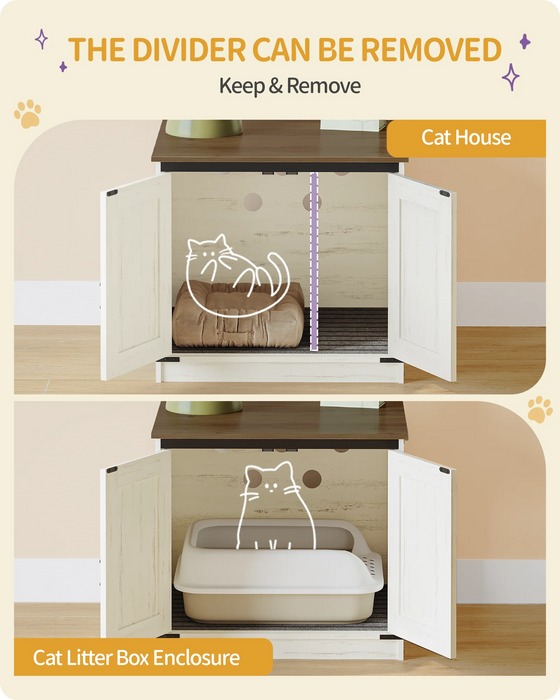 Lettiera per Gatti con Divisorio Rimovibile, Casetta per Gatti, Ingresso Reversibile Sinistra o Destra, Mobiletto Laterale, Marrone Vintage/Bianco