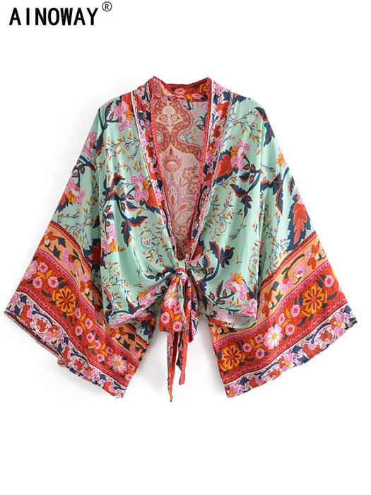 Boho Vintage stampa floreale spiaggia estate Kimono corto donna moda donna Casual scollo a V maniche a pipistrello bohémien Cover-up