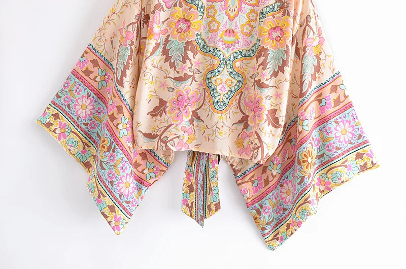 Boho Vintage stampa floreale spiaggia estate Kimono corto donna moda donna Casual scollo a V maniche a pipistrello bohémien Cover-up