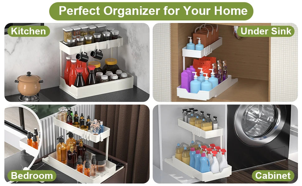 Organizzatori e contenitori sotto il lavandino, organizzazione del bagno della cucina a forma di L, contenitore scorrevole a 2 livelli sotto l'organizzatore dell'armadio del lavandino