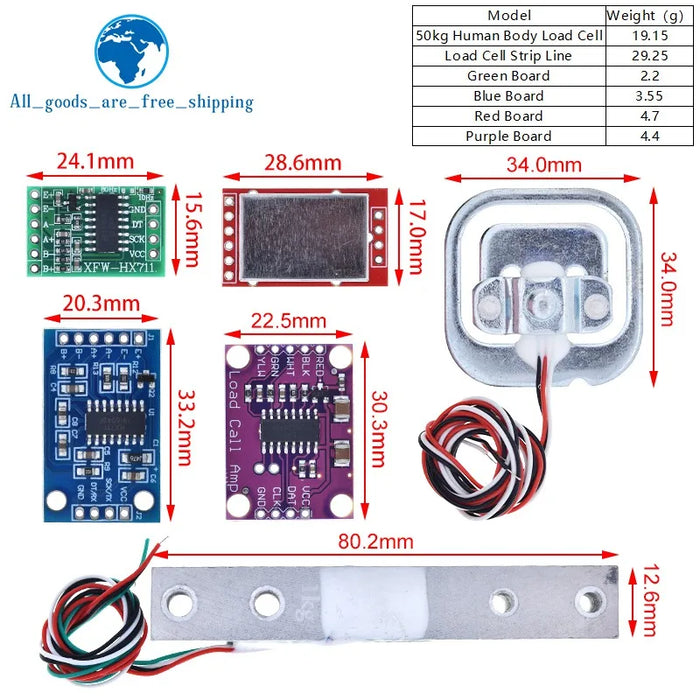 Cella di carico TZT 1KG 5KG 10KG 20KG HX711 Modulo AD Sensore di peso Bilancia elettronica Sensore di pressione di pesatura in lega di alluminio