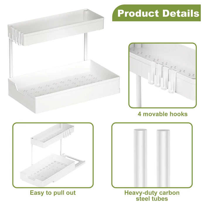 Organizzatori e contenitori sotto il lavandino, organizzazione del bagno della cucina a forma di L, contenitore scorrevole a 2 livelli sotto l'organizzatore dell'armadio del lavandino