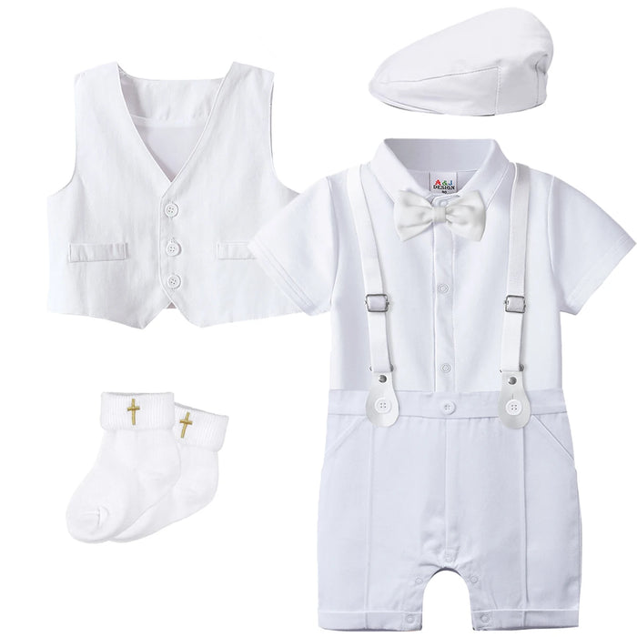 Baby Boys Battesimo Outfit Infantile Matrimonio Gentleman Set Battesimo Abito formale per festa di compleanno Reggicalze Papillon Pagliaccetto