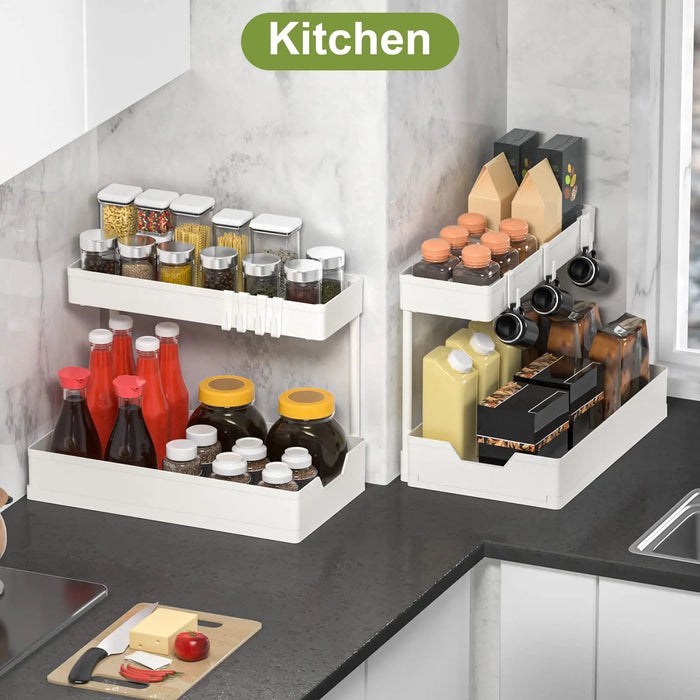 Organizzatori e contenitori sotto il lavandino, organizzazione del bagno della cucina a forma di L, contenitore scorrevole a 2 livelli sotto l'organizzatore dell'armadio del lavandino