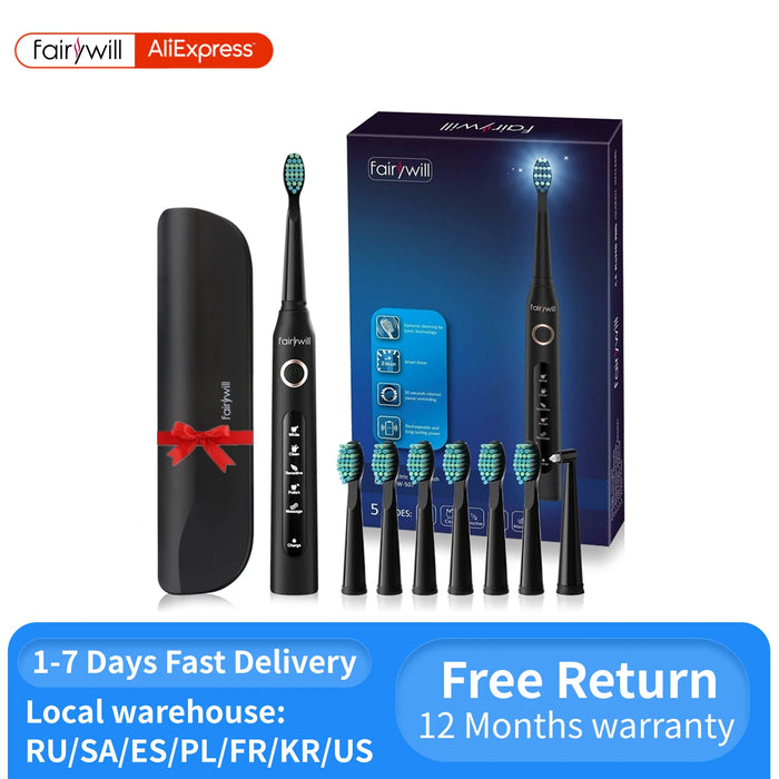 Fairywill FW-507 spazzolino elettrico sonico 5 modalità caricatore USB spazzolino da denti Timer di ricambio spazzolino sonico 8 testine