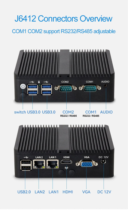 XCY Mini PC senza ventola Intel Celeron J6412 J4125 2x GbE LAN 2x RS232 HDMI VGA WiFi 4G LTE Windows 10 Linux Computer industriale