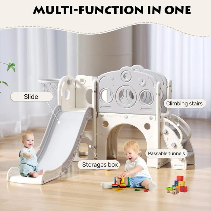 Scivolo per bambini, scivolo multifunzionale per bambini con box, spazio di archiviazione e gradini antiscivolo, pla per interni ed esterni (grigio bianco)