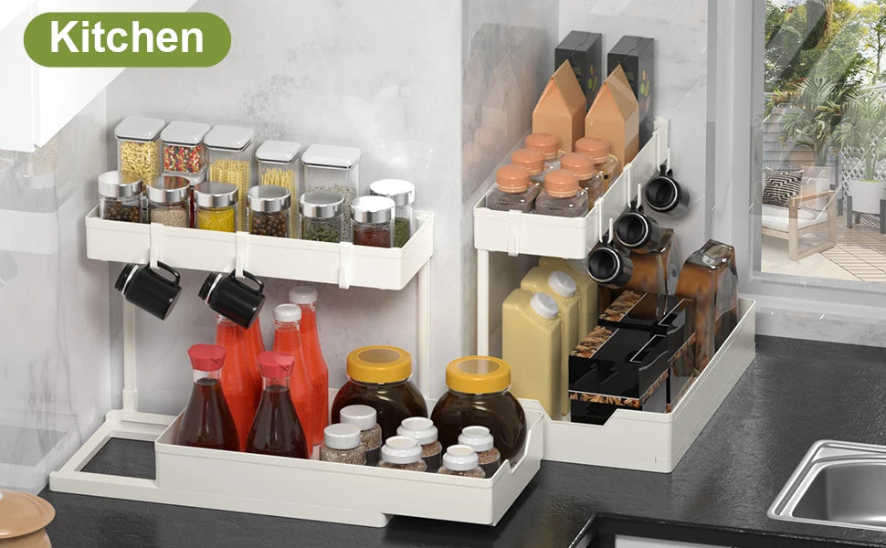 Organizzatori e contenitori sotto il lavandino, organizzazione del bagno della cucina a forma di L, contenitore scorrevole a 2 livelli sotto l'organizzatore dell'armadio del lavandino
