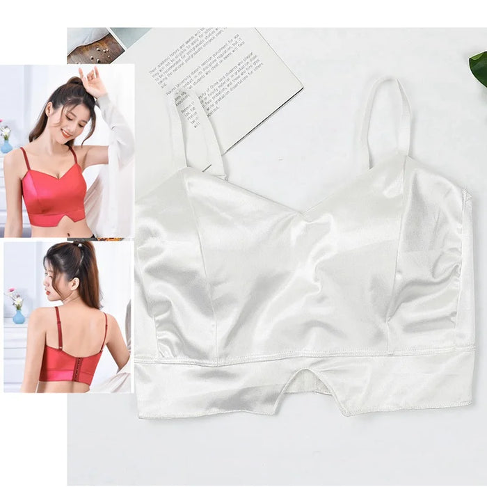 Sexy Satin Crop Top donna Wireless Bralette Crochet Top femminile Spaghetti Strap t-shirt ritagliata con petto imbottito canotta Camis