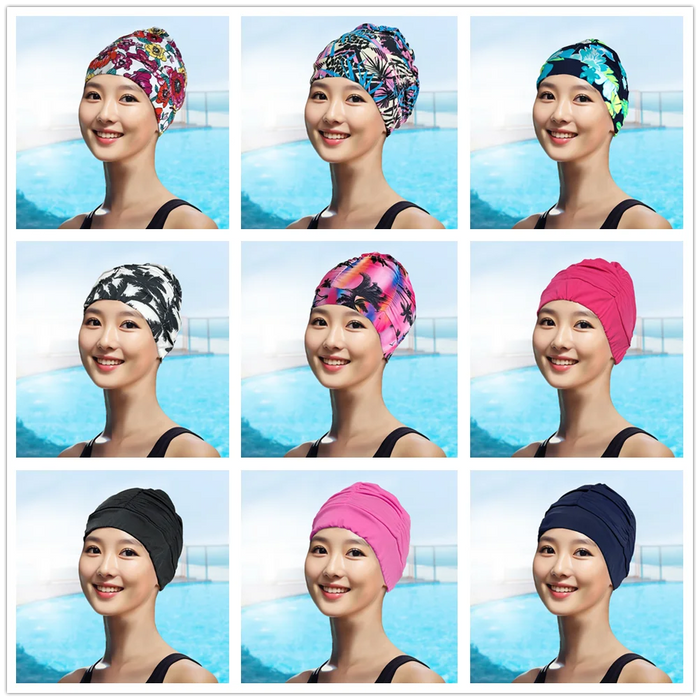 Cuffia da nuoto per capelli lunghi da donna sexy da donna, cappello elasticizzato, drappeggio, cuffia da bagno, drappeggio, sport elasticizzato, piega al mare
