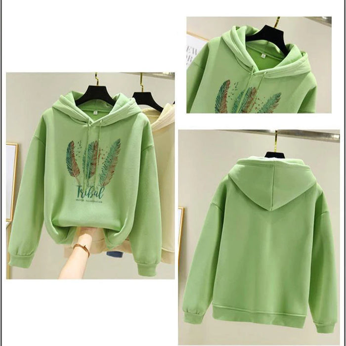 Felpe con cappuccio stampate con piume moda donna autunno inverno più felpa allentata Casual in velluto