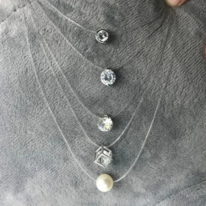 SUMENG Nuova personalità moda quadrata imitazione perla cristallo zircone collana invisibile trasparente lenza da donna