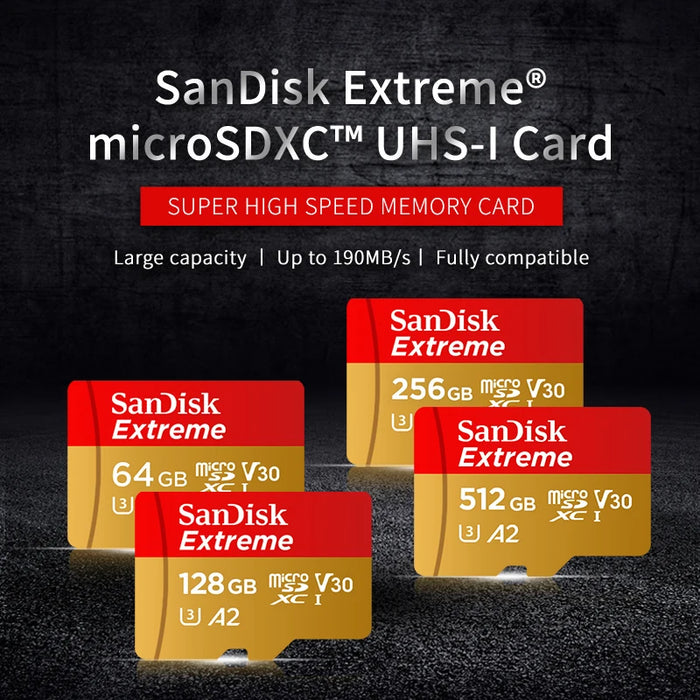 Sandisk Scheda Micro SD Originale Extreme A2 V30 U3 SDXC Flash 32GB 64GB 128GB 256GB Scheda MicroSD 190MB/s Scheda TF per Tablet Telefono