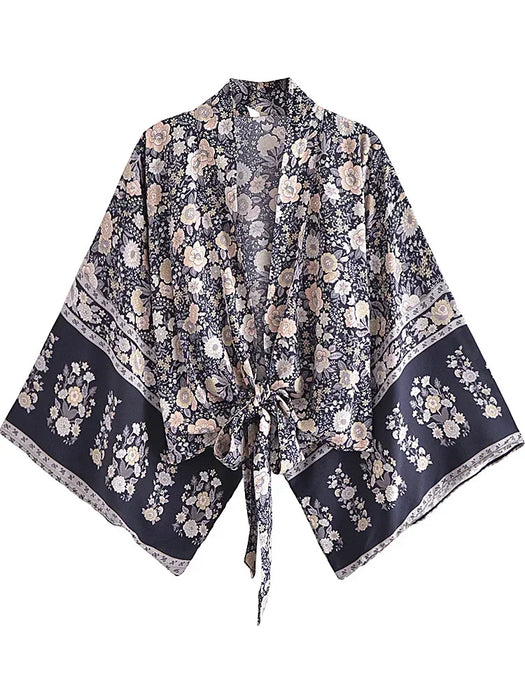 Boho Vintage stampa floreale spiaggia estate Kimono corto donna moda donna Casual scollo a V maniche a pipistrello bohémien Cover-up