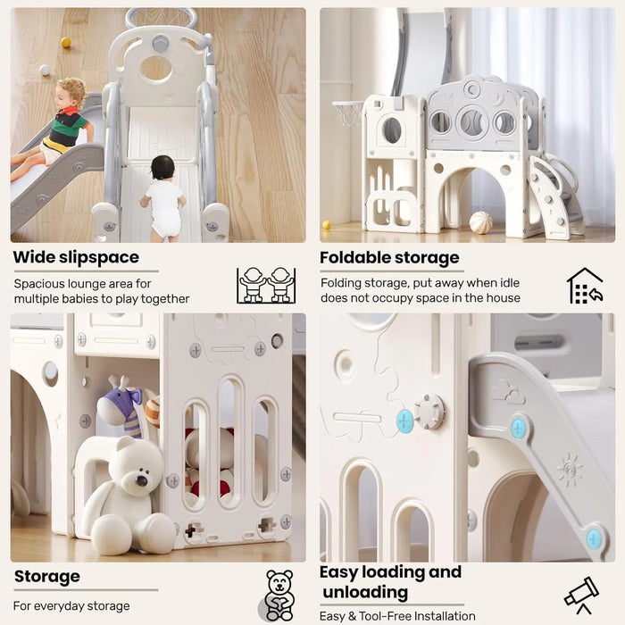 Scivolo per bambini, scivolo multifunzionale per bambini con box, spazio di archiviazione e gradini antiscivolo, pla per interni ed esterni (grigio bianco)