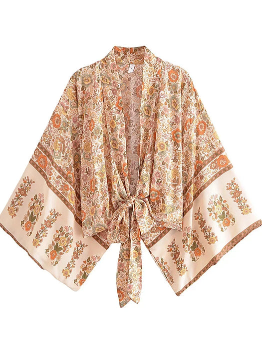 Boho Vintage stampa floreale spiaggia estate Kimono corto donna moda donna Casual scollo a V maniche a pipistrello bohémien Cover-up