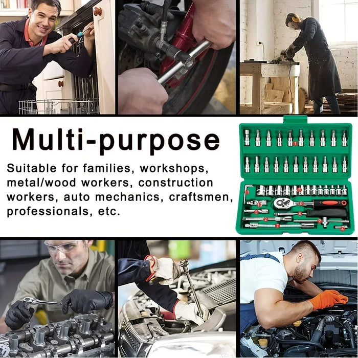 Set di bussole per azionamento da 46 pezzi Set di chiavi a cricchetto da 1/4 di pollice con prese Set di bussole per punte esagonali metriche Kit di strumenti meccanici per riparazioni auto domestiche