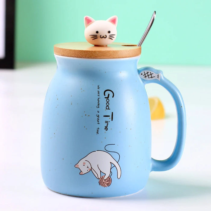 Colore creativo gatto resistente al calore Tazza cartone animato con coperchio 450ml tazza gattino caffè tazze in ceramica tazza per bambini ufficio Drinkware regalo
