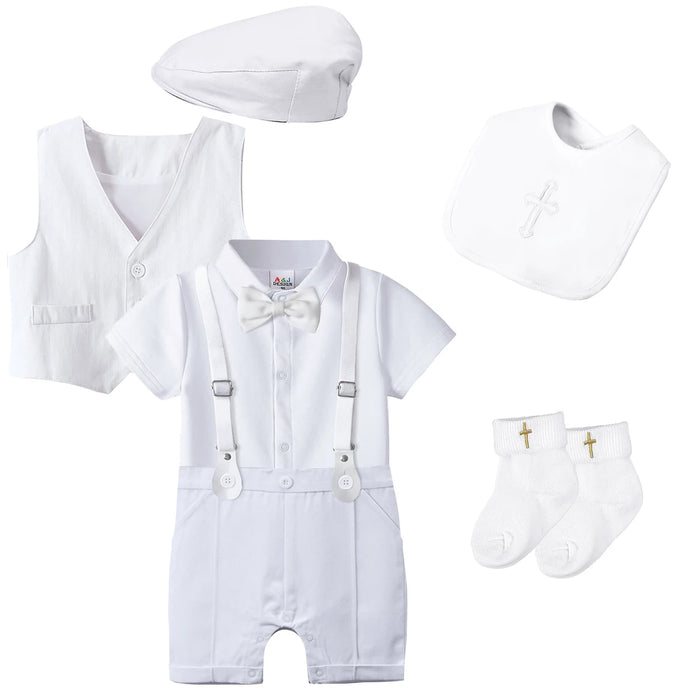 Baby Boys Battesimo Outfit Infantile Matrimonio Gentleman Set Battesimo Abito formale per festa di compleanno Reggicalze Papillon Pagliaccetto