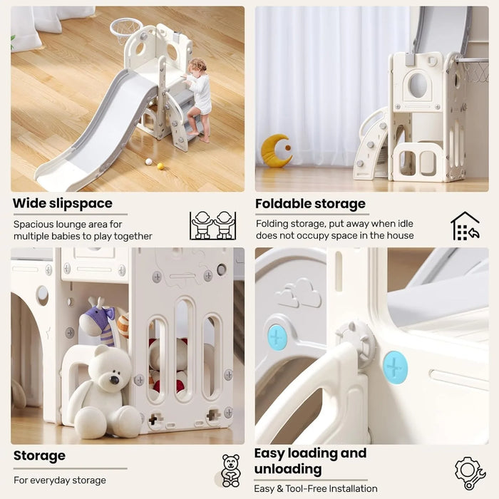Scivolo per bambini, scivolo multifunzionale per bambini con box, spazio di archiviazione e gradini antiscivolo, pla per interni ed esterni (grigio bianco)
