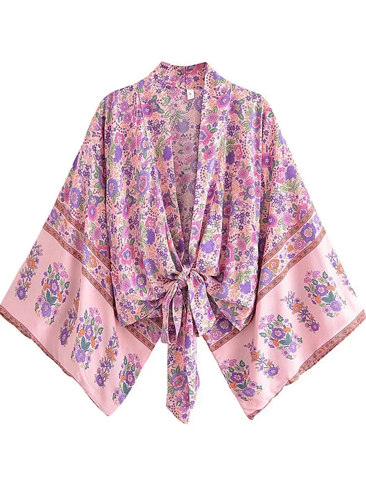 Boho Vintage stampa floreale spiaggia estate Kimono corto donna moda donna Casual scollo a V maniche a pipistrello bohémien Cover-up