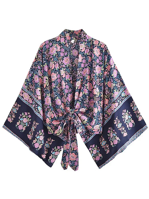 Boho Vintage stampa floreale spiaggia estate Kimono corto donna moda donna Casual scollo a V maniche a pipistrello bohémien Cover-up