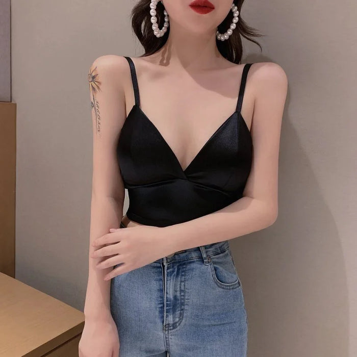 Sexy Satin Crop Top donna Wireless Bralette Crochet Top femminile Spaghetti Strap t-shirt ritagliata con petto imbottito canotta Camis