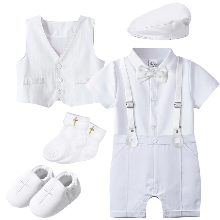 Baby Boys Battesimo Outfit Infantile Matrimonio Gentleman Set Battesimo Abito formale per festa di compleanno Reggicalze Papillon Pagliaccetto