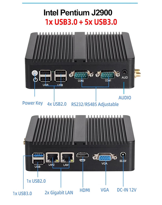Mini PC senza ventola Intel Celeron J6412 2xGigabit Ethernet 2x RS232/RS485 HDMI VGA Mini PCIE WiFi/4G 6x USB Supporto Windows Linux