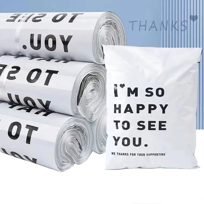 INPLUSTOP 50 pz colore bianco addensare borsa espressa grazie stampa abbigliamento impermeabile pacchi imballaggio borse busta corriere sacchetto