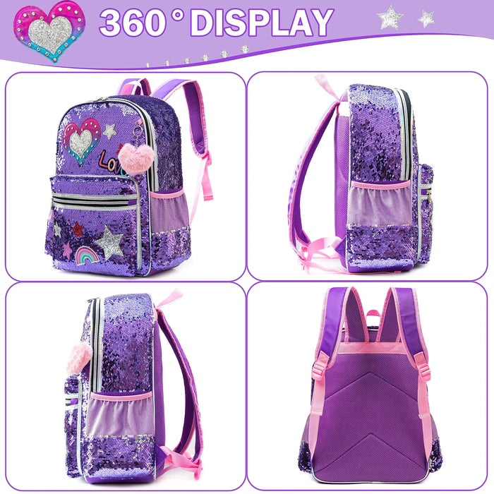 Backpack for Girls 16" Backpacks for Girls for School Sequin Backpack with Lunch Box for Elementary Students