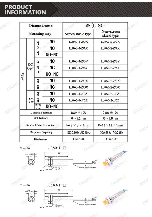 M8 1mm e 2mm Sensore di metallo a induzione Schermo induttivo Tipo di scudo Sensore Interruttore di prossimità LJ8A3 NPN PNP AC DC NO NC BX BY AX AY