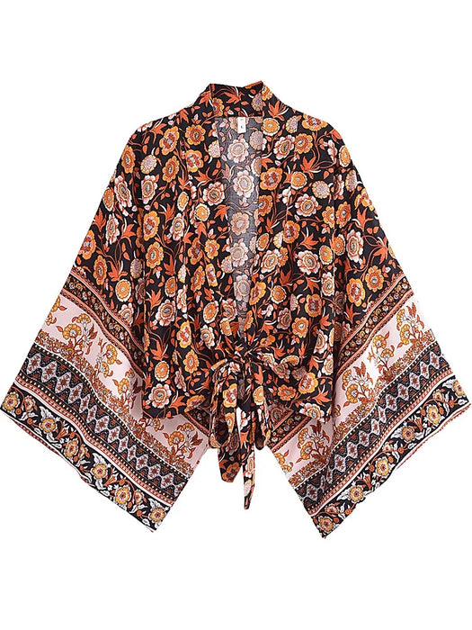 Boho Vintage stampa floreale spiaggia estate Kimono corto donna moda donna Casual scollo a V maniche a pipistrello bohémien Cover-up